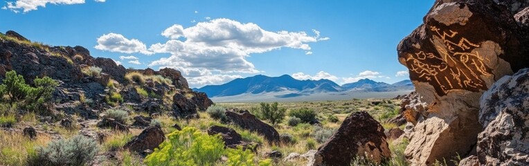 Fototapeta premium A captivating view of ancient petroglyphs carved into rock formations in a vast desert landscape under a bright blue sky