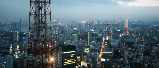 Fototapeta premium A cityscape at dusk with an illuminated tower, depicting urban life and the expanse of a sprawling metropolis.