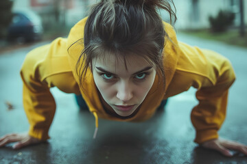 Determined young woman doing push-ups on a rainy urban street during an intense workout session