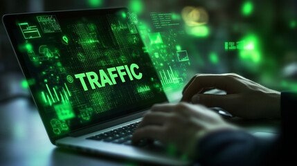 A close-up of a laptop keyboard, with the word "TRAFFIC" prominently displayed on the screen in green, surrounded by icons of analytics tools and graphs, symbolizing the importance