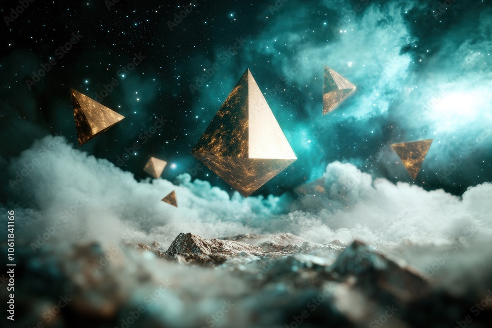 Wall mural futuristic digital art of floating pyramids in landscape