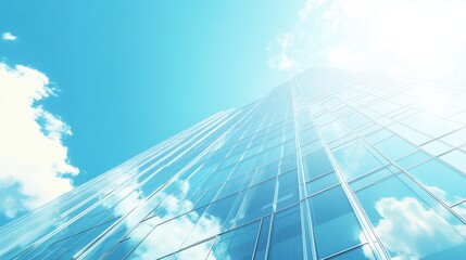 Looking up at a modern glass skyscraper under a bright blue sky with fluffy clouds in the afternoon light