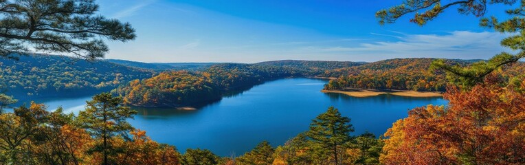 Stunning autumn landscape view from Oak Mountain State Park with vibrant foliage and serene lake beneath clear blue sky