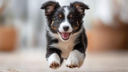 Fototapeta premium Playful Border Collie Puppy Running on White Background - Energetic and Adorable, Perfect for Pet and Animal Photography