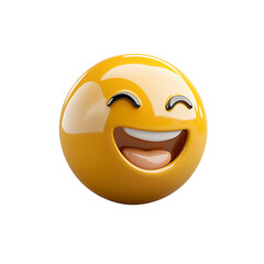 Fototapeta premium Yellow laughing emoji face on gray background, expressing joy and happiness