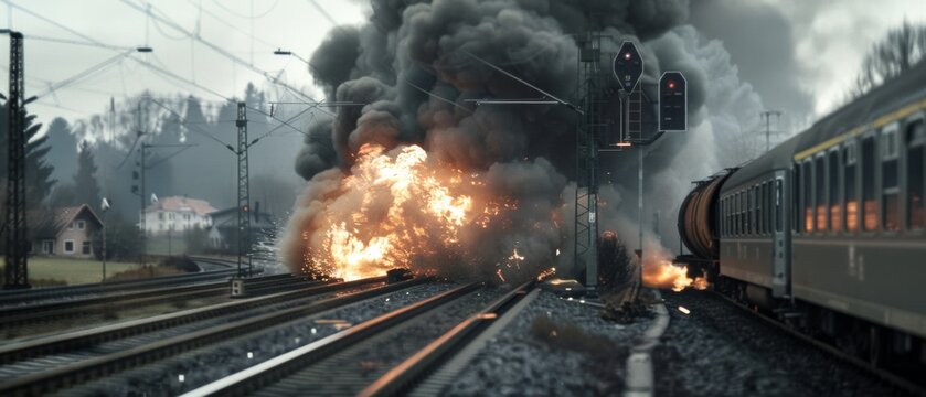 A freight train derails, engulfed in an ominous cloud of smoke and flames, creating a dramatic scene of chaos and danger.