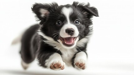 Playful Border Collie Puppy Running on White Background - Energetic and Adorable, Perfect for Pet and Animal Photography