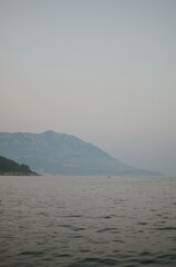 View of the evening mountains in Budva with the Adriatic sea in Montenegro