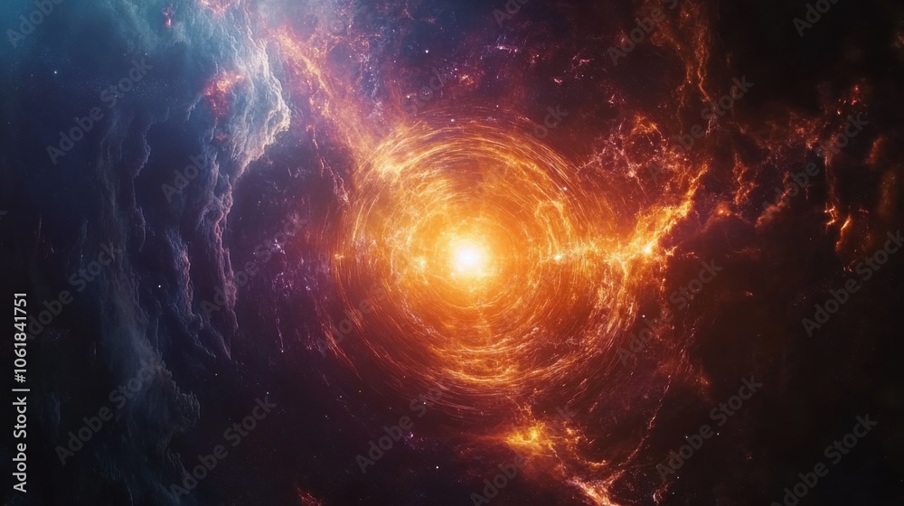 Poster An expansive view of a vibrant energy core floating in the cosmos, surrounded by swirling cosmic clouds and dynamic light patterns