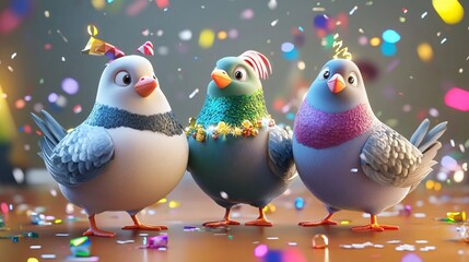 3D Cartoon Pigeons Celebrating New Year's Party Together