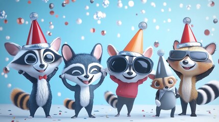 3D Cheerful Cartoon Raccoons Celebrate New Year's Party