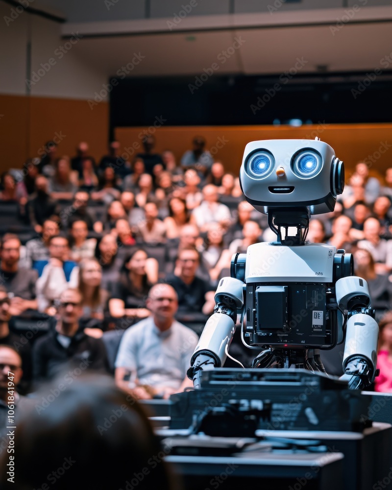 Poster a lecturer presenting innovative robotics concepts to an engaged audience at a technology conference