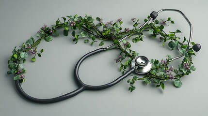 A stethoscope with green leaves and pink flowers wrapped around it on a grey background.