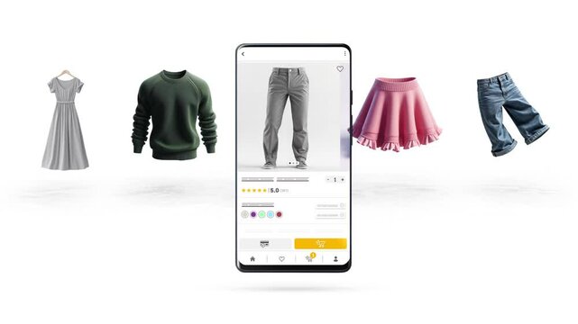 Shopping, e-commerce, application and sales theme. Clothing that passes through the phone and products that are on sale.
