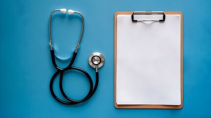 blank medical clipboard with stethoscope, isolated on blue background