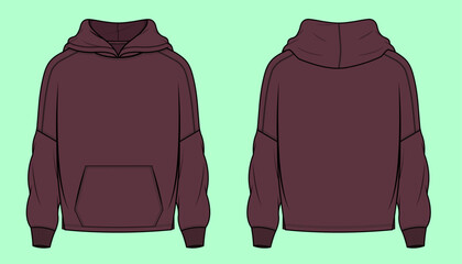 Drop shoulder fleece hoodie flat sketch outline © MdAbir