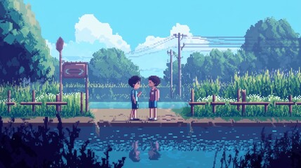 Obraz premium Two cheerful children are joyfully standing on a bridge over a flowing river