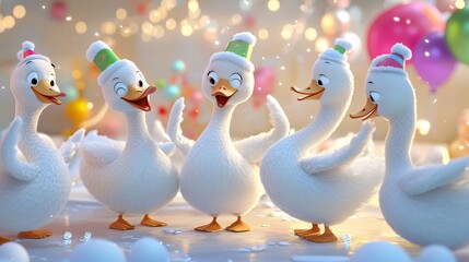 3D Cheerful Cartoon Swans Celebrate New Year Party