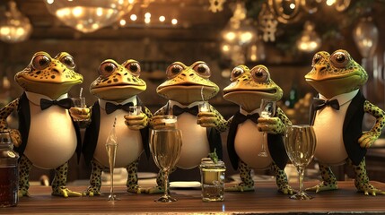 3D Cartoon Frogs Celebrating at a New Year Party