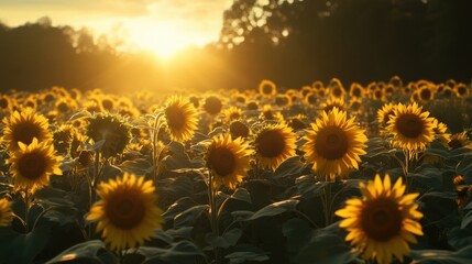 Fototapeta premium A peaceful field of sunflowers basking in the golden light of dusk, creating a serene atmosphere at twilight
