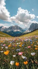 Fototapeta premium A vibrant field of wildflowers surrounded by majestic mountains under a bright blue sky in a serene alpine landscape