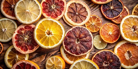 A collection of dried citrus fruits, sliced and arranged on a rustic wooden surface, showcasing the vibrant hues and natural textures of oranges, lemons, grapefruits, and limes.