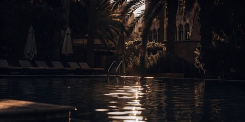 Palm-Lined Pool with Sunlit Water in Resort Setting