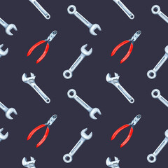 Fototapeta premium Silver wrenches and red-handled pliers on dark background. Seamless pattern. Hardware tools watercolor clipart for product designs, including packaging, gift wrap, and accessories with a rugged touch