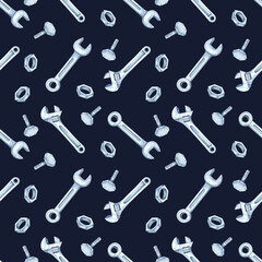 Silver wrenches and bolts on a dark background in a seamless watercolor pattern. Hardware essentials, DIY tools clipart , perfect for industrial-themed packaging, apparel, or web design