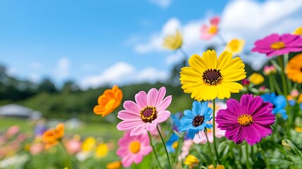 Obraz premium Colorful Flowers Bloom Under Blue Sky