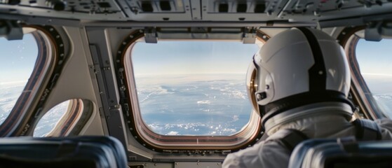An astronaut gazes out the window of a spacecraft, marveling at the distant blue planet and the endless expanse of space beyond.