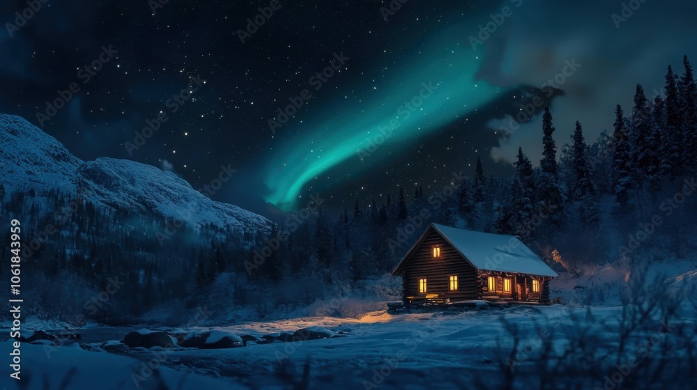 Aufkleber a breathtaking display of the aurora borealis illuminating a cozy cabin under a starry sky in a tran