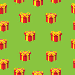 Seamless pattern background with red giftbox vector illustration on the green background. Present, surprise, package, birthday