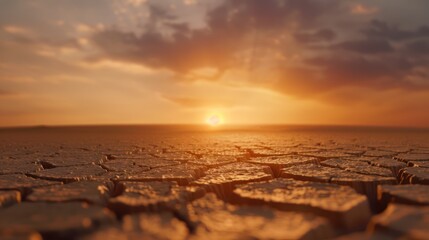 Obraz premium A stunning sunset over a cracked, dry landscape, showcasing the beauty of nature amidst the challenges of drought.
