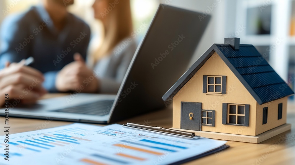 Poster a small house model sits on a desk with a couple in the background discussing documents.