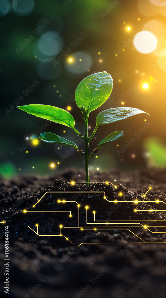 Poster technology and nature coexisting: small plant emerging from printed circuit board in soil with digit
