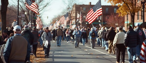 Crowds line the streets, waving flags during a festive parade, united in celebration and community spirit on a sunny day.
