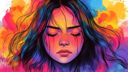 Fototapeta premium Colorful Abstract Portrait of Woman with Closed Eyes and Tears
