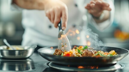 A chef skillfully cooks colorful vegetables and meat over a hot skillet, creating a flavorful dish with flair and presentation.