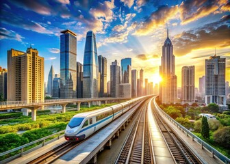 Fototapeta premium High-Speed Train on Elevated Tracks Overlooking a Bustling Cityscape with Skyscrapers, Streets, and Vehicles in Motion for Dynamic Urban Photography