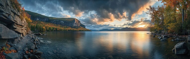 Fototapeta premium A breathtaking panorama of tranquil shores at sunset by the calm lake surrounded by autumn foliage