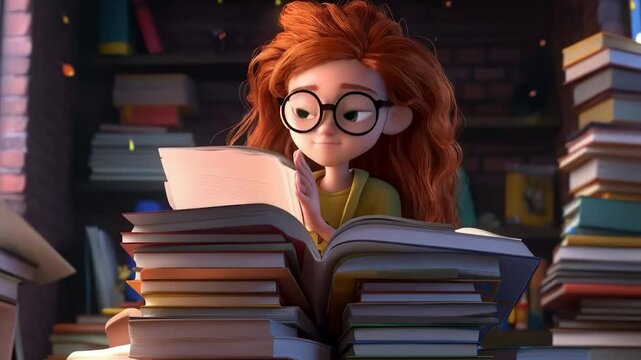 A young girl with curly hair reading a large book surrounded by piles of books in a cozy library filled with warm light