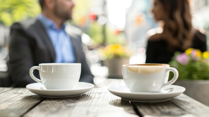 Fototapeta premium Two coffee cups on a wooden table, with a couple engaged in conversation in the background, set in a vibrant, outdoor café environment.