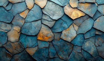 Abstract textured background with blue and orange stone-like patterns.