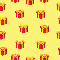 Seamless pattern background with red giftbox vector illustration on the light yellow background. Present, surprise, package, birthday