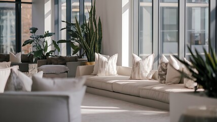 Beautifully Arranged Modern Living Room with Indoor Plants, Sunlight, and Cozy Textures in Neutral Colors