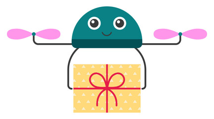 Cute drone robot delivering a gift for holiday, new year, Christmas, birthday party