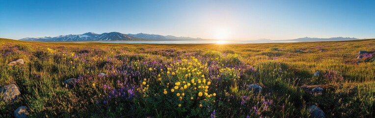 Obraz premium A breathtaking panorama of the vibrant tundra landscape in Kotzebue at sunset showcasing colorful wildflowers and distant mountains