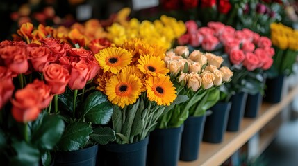 Obraz premium Colorful Flower Bouquets in Black Vases