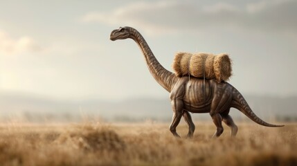 Naklejka premium A dinosaur carrying hay bales walks through a grassy landscape under a hazy sky, blending prehistoric and pastoral themes.